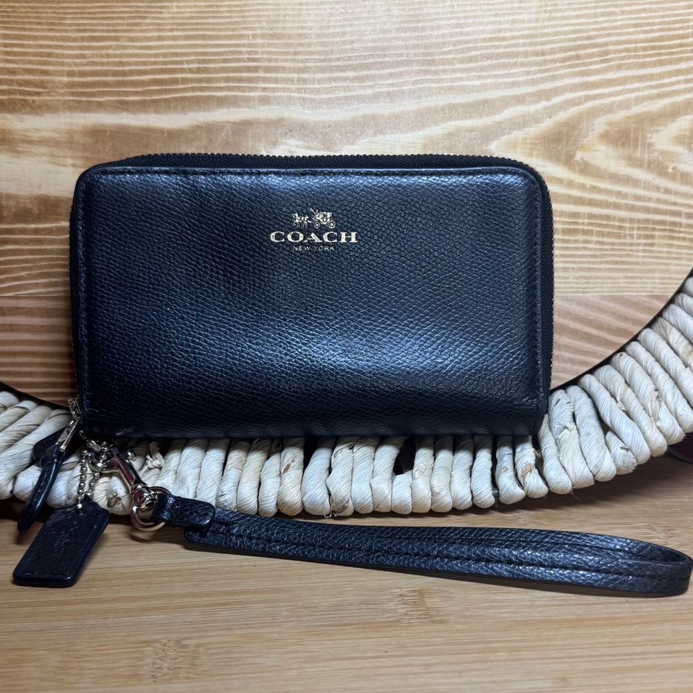 Coach Leather Double Zip Black Wristlet F53141 with Hangtag
